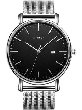 Men's Silver Black Classic Mesh Strap Minimalist Analog Quartz Waterproof Watch